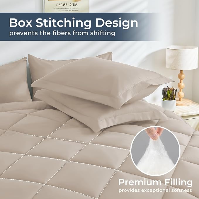 HEVUMYI Khaki Queen Comforter Set - 7-Piece All Season Bed in a Bag Queen, Ultra Soft Bedding Set with Comforter, Flat Sheet, Fitted Sheet, Pillowcases, Pillow Shams