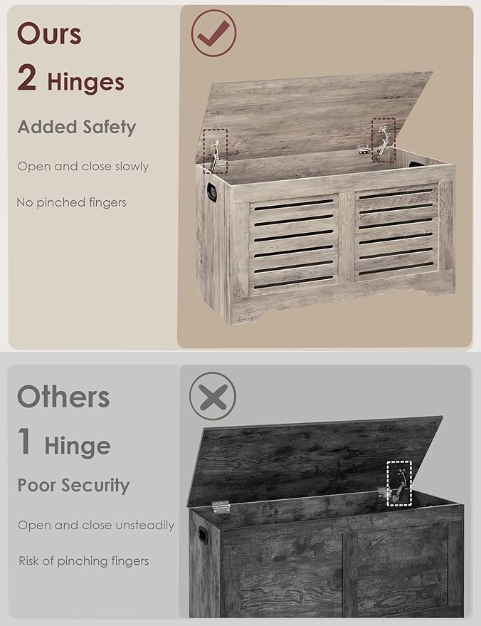 DINZI LVJ Storage Chest, Flip-Top Wooden Toy Box with 2 Safety Hinges, Retro Entryway Shoe Storage Bench, Sturdy Large Storage Trunk for Living Room, Bedroom, Easy Assembly, Greige