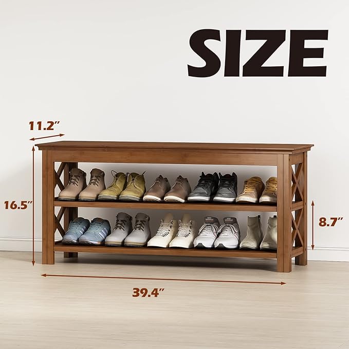 Bamworld Shoe Rack Bench with Storage 3 Tier Bamboo Shoe Bench Entryway Rustic Solid Wood Entryway Bench (X-Brown,39.4")