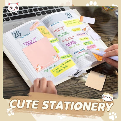 Crtin 69 Pcs Cute Sticky Notes Set,Cartoon Pen, Stickers, Paperclip, Sticky Memos Office & Party Favors (Cat)