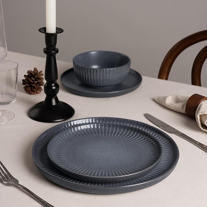 Famiware Starlight Plates and Bowls Dishes Set of 4 (12 Pieces), Ribbed Textured Stoneware Dinnerware Sets- Dishwasher & Microwave Safe, Chip Resistant, Matte Midnight Grey