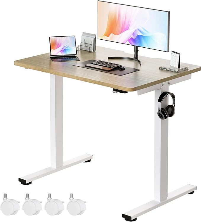 Okin Small Electric Standing Desk, 36" x 24" Whole Piece Height Adjustable Desk, Oak Sit to Stand Computer Workstation with Wheels for Home Office