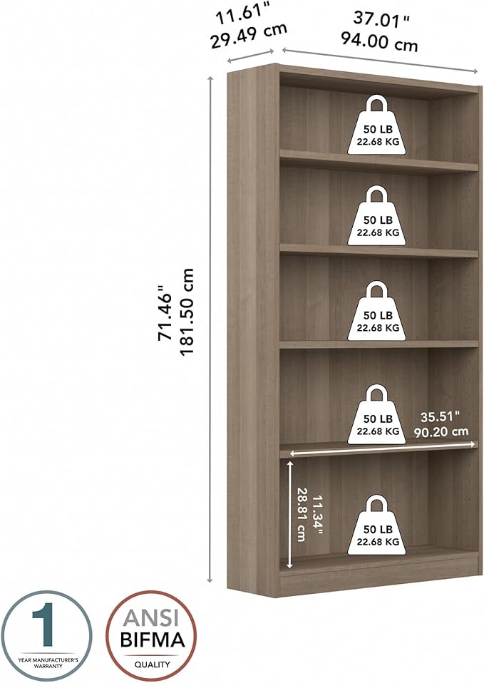 Bush Furniture Universal Tall 5 Shelf Bookcase in Ash Gray