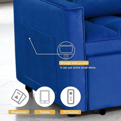 3 in1 Sofa Bed, Pull-Out Sleeper Sofa Bed with 3-Level Adjustable Backrest, Velvet Fabric Convertible Love Seat Sleepers Beds for Living Room & Bedroom & Apartment, Blue