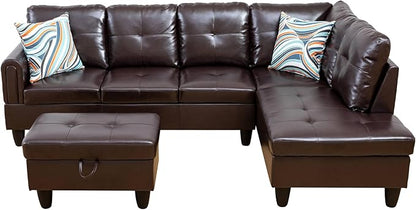 L Shaped Sectional Couch with Otttoman, 97" Leather Sectional Sofa for Living Room Modular Couches with Cup Holders for Bedroom, Apartments, Brown