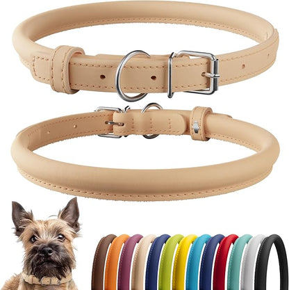 CollarDirect Rolled Leather Dog Collar, Soft Padded Round Puppy Collar, Handmade Genuine Leather Collar Dog Small Large Cat Collars 13 Colors (6 Inch, Beige Smooth)