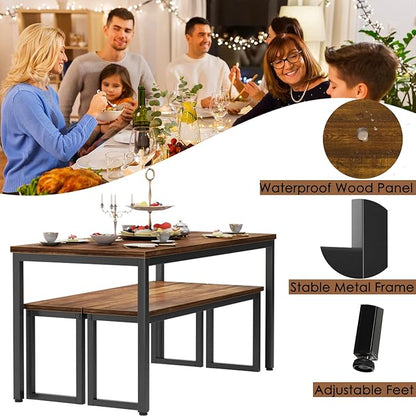 soges Kitchen Table Set with 2 Benches, Bench Dining Table Set for 4, 3 Piece Dining Room Table and Long Benches, Breakfast Table Coffee Table Set, Industrial Style Wooden Kitchen and Dining Room Set