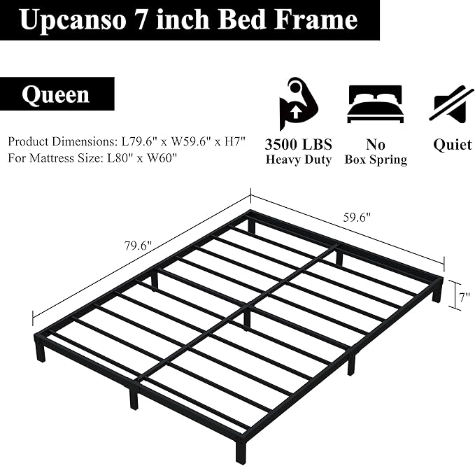 7 Inch Queen Bed Frame No Box Spring Need, Low Profile Metal Platform Bed Frame Queen Size, Heavy Duty Support Bedframes, Easy Assembly