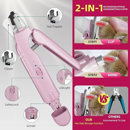 KWV 2 in 1 Cat Nail Clippers & Dog Nail Clippers Trimmers for Medium Small Dogs Cats Claw Trimmer Quick Sensor USB Rechargeable with 2 LED Lights Dogs Nail Trimmer (Pink-Not for Black Nails)