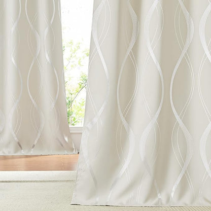NICETOWN Extra Long Blackout Curtains for Large Window, Beige, 2 Panels, 52 inches by 102 inches, Foil Printed Wave Lines Energy Saving Thermal Insulated Draperies for Kids Nursery Boys Adult Bedroom