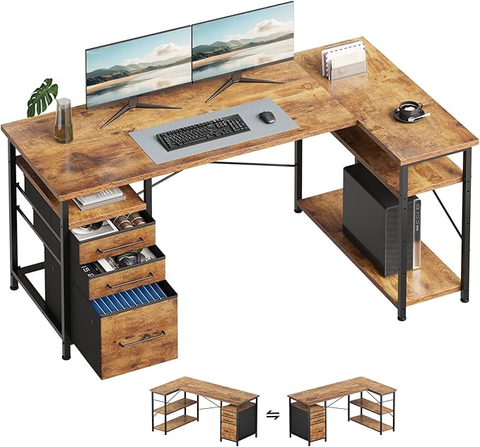 55" Computer Desk with Drawers, Desks for Bedrooms, Writing Desk with Storage, Work Desk for Small Space, Rustic Brown