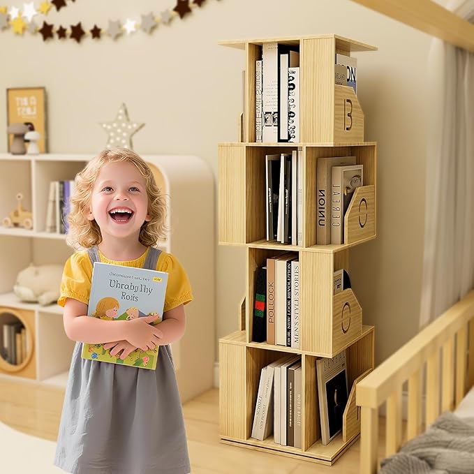 4 Tier Kids Rotating Bookshelf, Premium Pine Wood Space Saving Bookshelf Holds 100+ Books, 360° Spinning, Great for Larger Reads in Kids’ Room, Living Room & Office, Easy to Assemble