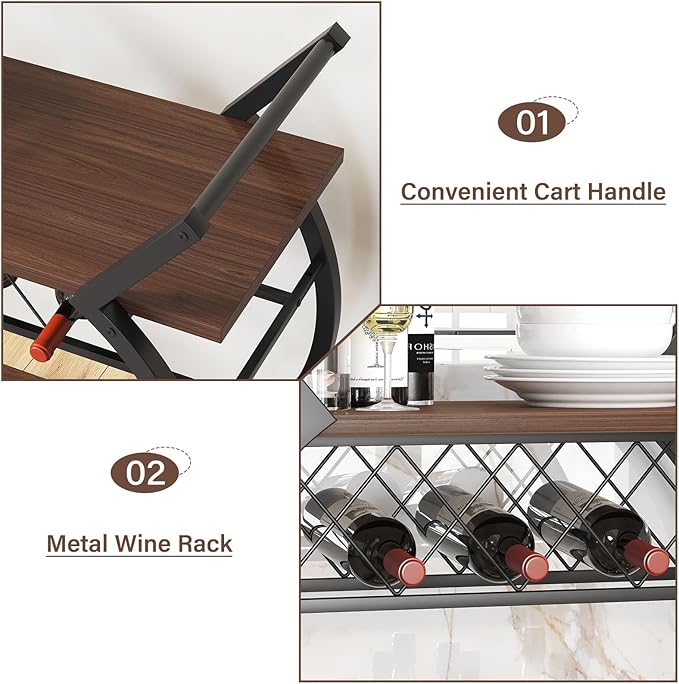 LVB Modern Gold Bar Cart, Industrial Rolling Serving Wine Cart with Wine Rack, Coffee Liquor Drink Cart with Storage and Wheels, Wood and Metal Kitchen Microwave Beverage Cart for Home, Walnut