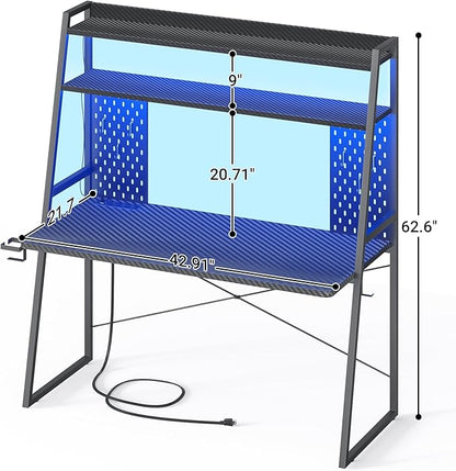 Small Gaming Desk with Hutch and LED Lights, Gaming Computer Desk with Power Outlets, Gamer Desk with Storage Shelves, Game Desks with Pegboards for Bedroom Small Spaces, Black, 43"