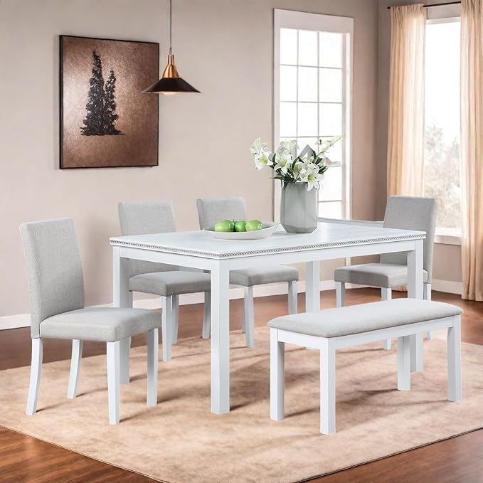 Dining Table Set for 5, 6 Piece Dining Room Table Set with Rectangular Crystal Decoration Table, 4 Upholstered Backrest Chairs and Bench, Counter Height Kitchen Sets with MDF Tabletop, White
