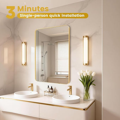 36"X36" Large Gold Metal Framed Bathroom Mirror for Wall, Large Mirrors for Spacious Rooms,Gold Rounded Rectangle Mirror, Brushed Gold Bathroom Vanity Mirror Farmhouse, Anti-Rust, Tempered Glass