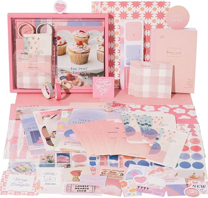 JOYCHOIC 348 Pcs Pink Scrapbook Supplies Kit, Dessert Junk Journal, Scrapbooking and Journaling Materials, Large Aesthetic Collection for Women, Stationery Arts Craft, Adults Daily
