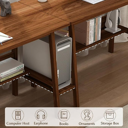 2-Person Writing Desk with Bookshelf - 110" Wooden Extra Long Home Office Work Table, Double Study Computer Workstation with Storage Shelves in White, 110" W x 24" D