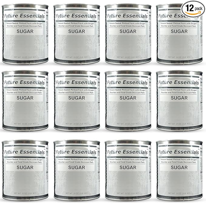 Future Essentials White Sugar Pure Granulated Sugar for Baking & Cooking Natural Sweetener Shelf Stable Emergency Food Supply Great for Hiking, Backpacking & Camping 25 Years Shelf Life Pack of 12 Cans