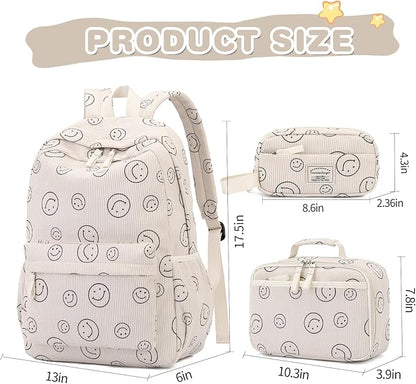 Backpack for Girls Boy Teen Corduroy Bookbags Elementary Middle High School Women Laptop Bag with Lunch Box Pencil Bag (Smile Beige)