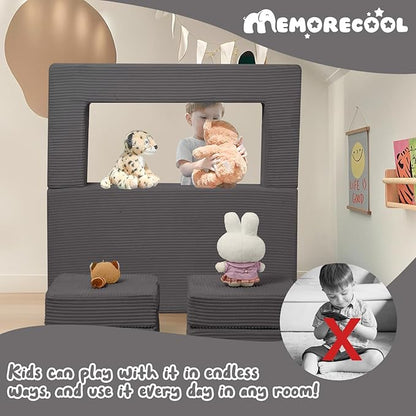 MeMoreCool Modular Kids Couch, Corduroy Play Toddler Couch for Bedroom Playroom Furniture, Convertible Foam Kids Sofa Bed, Fold Out Baby Sofa for Girl Boy, Dark Grey