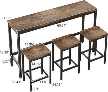 KEIKI 60.24” Long Bar High Top Dining Table and 3 Stools Chairs Set, Wood Behind Couch Sofa Counter Height Pub Furniture for Breakfast, Kitchen Living Party Room, Natural