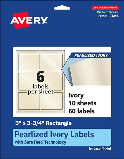 Avery Pearlized Ivory Rectangle Labels, Sure Feed Technology, Print-to-The-Edge, 3" x 3.75", 60 Pearlized Ivory Labels, Laser/Inkjet Printable