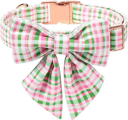 Maca Bates St. Patrick's Day Irish Plaid Dog Collar with Sailor Bow Tie,Cherry Pink Green Gingham Pattern for Large Girl Boy Dogs,Adjustable Durable Soft Collars Gift for Male Female Puppy