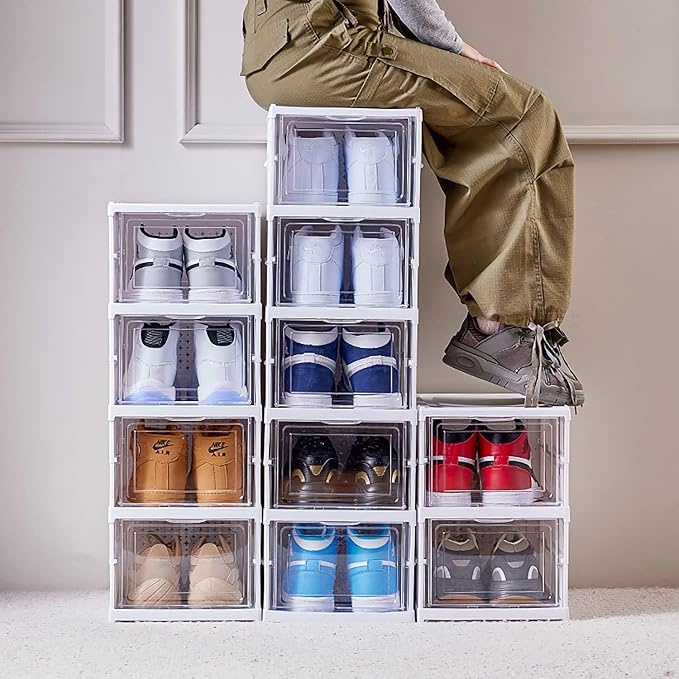 Drop Front Shoe Storage Box, No Assembly Stackable Shoe Organizer Storage Bin with Clear Door, Free Standing Shoe Shelf Cabinet with Lid, Plastic Shoe Rack for Closet Entryway, 6-Tier