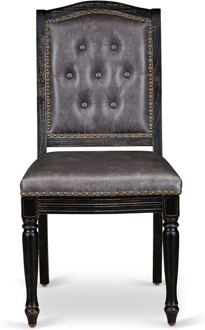 NKMA9-SBB-34, 9-pc Dining Table Set Consists of a Wooden Dining Table and 8 Dark Grey Polyester Fabric Parsons Chairs with Button Tufted Back, Sand Blasting Black Finish