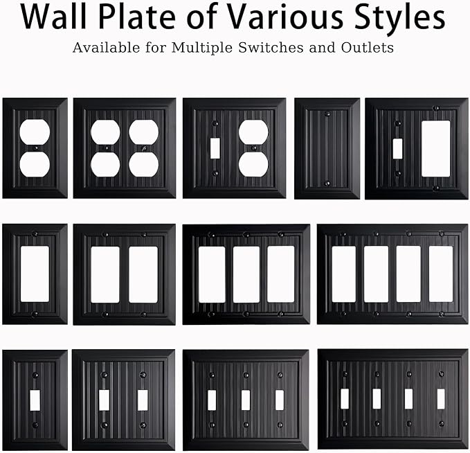Beadboard Outlet Covers Wall Plates, Bamboo Fiber Light Switch Covers, Natural Material Electric Receptacle Decorative Switch Plate Outlet Cover Matte Black (1 Gang Toggle 4 Pack)