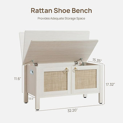 SICOTAS Rattan Shoe Bench - 2 Pieces Farmhouse Shoe Organizer Bench with Lift Top Storage and Hidden Cabinet, Boho Shoe Rack Cabinet for Entryway, Hallway, Bedroom (White Cream Oak)