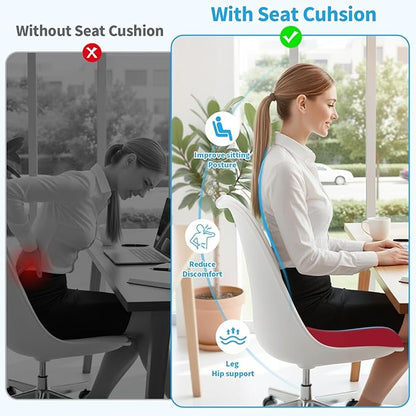 XLarge Seat Cushion, Memory Foam Cushion for Long Sitting Hours on Office Chair, Home & Car, Non-Slip Chair Pad for Relieving Back & Sciatica & Hip & Coccyx Pain (Red)