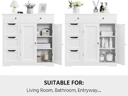 Yaheetech Bathroom Floor Cabinet, Large Storage Space Wooden Organizer with 1 Big Drawer, 3 Small Drawers & 2 Doors, Free-Standing Cupboard for Kitchen/Living Room/Bathroom Use, White
