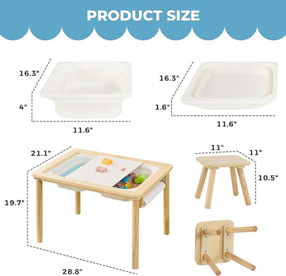 Sensory Table for Toddlers 1-3 with 2 Chairs & Roll Paper, Wooden Kid Activity Table Chair Set with Double-Sided Boards and 2 Storage Bins for Sand and Water Play