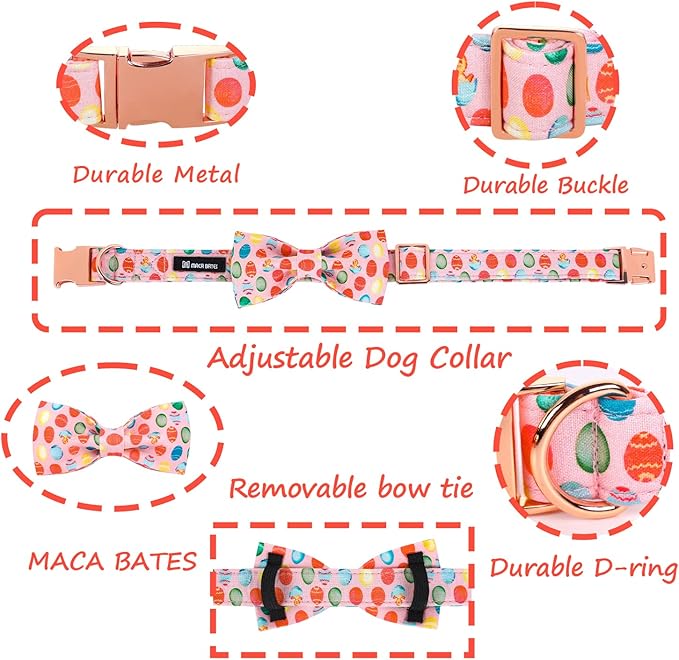 Maca Bates Easter Day Dog Collar with Fancy Bow Tie for Medium Girl Boy Dogs, Pink Easter Egg,Chick Pattern,Adjustable Durable Soft Breakaway Collars for Male Female Puppy