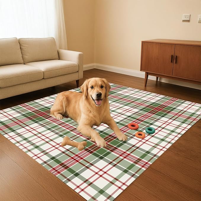 Muddy Mat짰 Plaid 5x7 Washable Area Rugs for Living Room, Bedroom & Dining Room ??Modern Soft Low Pile Non Slip Carpet ??Pet Friendly Waterproof Foldable Rugs for Home
