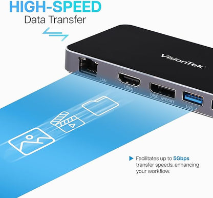 VisionTek VT400 Portable USB-C Dual Monitor Hub - 1x DP, 1x HDMI, 2X USB-A, 1x Ethernet, 1x USB-C for Windows/MacOS/ChromeOS/iOS