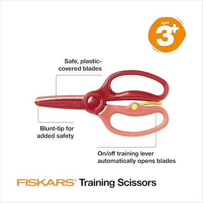 Fiskars Training Scissors for Preschoolers Ages 3+, Small Kids Safety Scissors with Training Lever, Easy to Use, Preschooler Art Supplies, Back To School, Red