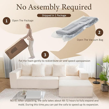 INGEROOM 108" Cloud Sectional Couch with L-Shape Chaise, Modular Sofa Memory Foam, Boneless Sofa with Movable Ottoman, Upholstered Couches for Living Room Bedroom, No Assembly Required, Beige