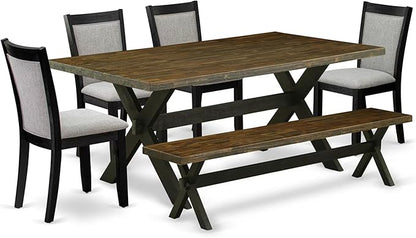 East West Furniture X677MZ606-6 6 Piece Dinette Set Contains a Rectangle Dining Table with X-Legs and 4 Shitake Linen Fabric Parson Chairs with a Bench, 40x72 Inch, Multi-Color