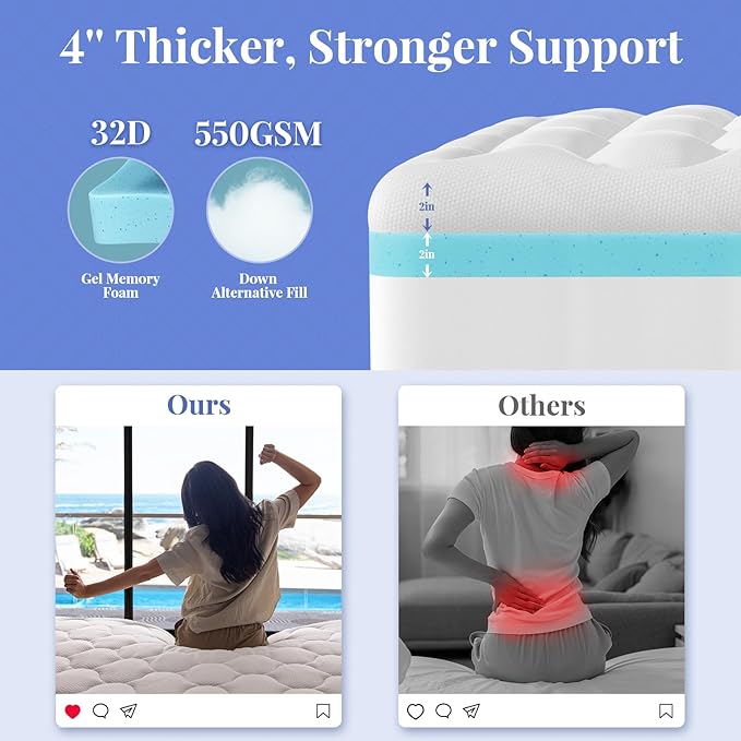 OhGeni Cooling 4 inch Dual Layer Queen Mattress Topper, 2 inch Cooling Gel Memory Foam, 2 inch Down Alternative Pillow Top Pad, Mattresses Cover for Bed, Medium Support, Fits 6”-19” Deep Pocket