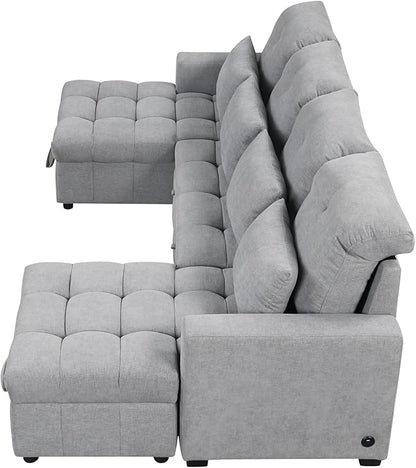 Ball & Cast 110.2" Oversized Versatile Sectional Sleep Sofa with Two USB Ports,U-Shape 4 Seat Pull-Out Couch w/Double Storage Chaise Lounges,for Living Room,Apartment,Office,Gray