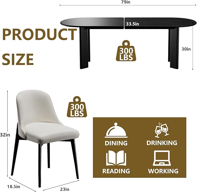 Casaphoria Wood Kitchen Table Set with 6 Chairs, 79" Dining Kitchen Table & Chairs Set for 4-6, Modern Farmhouse Oval Dining Table for Living Room, Easy Assembly, Black