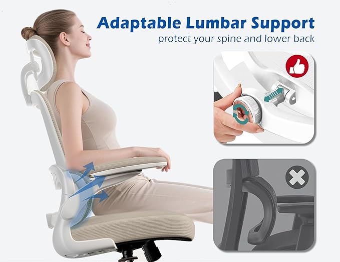 TRALT Ergonomic Office Chair - Desk Chair with Adjustable Headrest Lumbar Support Computer Chair - Mesh Comfy Chair with Flip-up Armrests - Gaming Chairs for Adults Home Office (Leather, Beige)