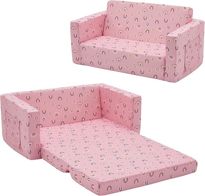 Ulax furniture Kids Sofa Chair Children FILP-Out Chair 2-in-1 Convertible Sofa to Sleeper Couch (Pink Rainbow)