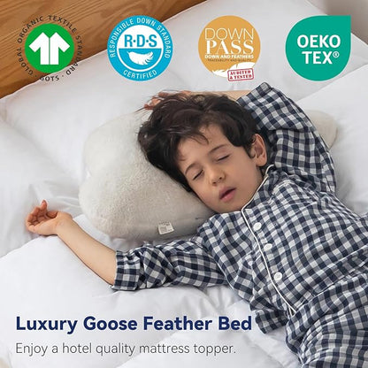 3 Inch White Goose Feather Mattress Topper,Twin Feather Bed Topper,Mattress Cover with Straps,Ultra Soft Pillowtop,100% Organic Cotton Fabric(39”x75”)