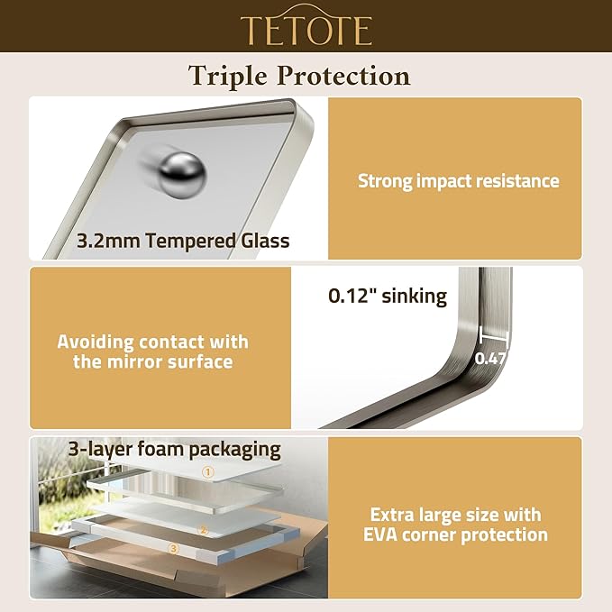 TETOTE 48 x 36 Inch Brushed Nickel Bathroom Mirror Metal Framed Bathroom Mirror, Tempered Glass, Modern Farmhouse Wall Mounted Mirror for Decorative(Horizontal/Vertical)