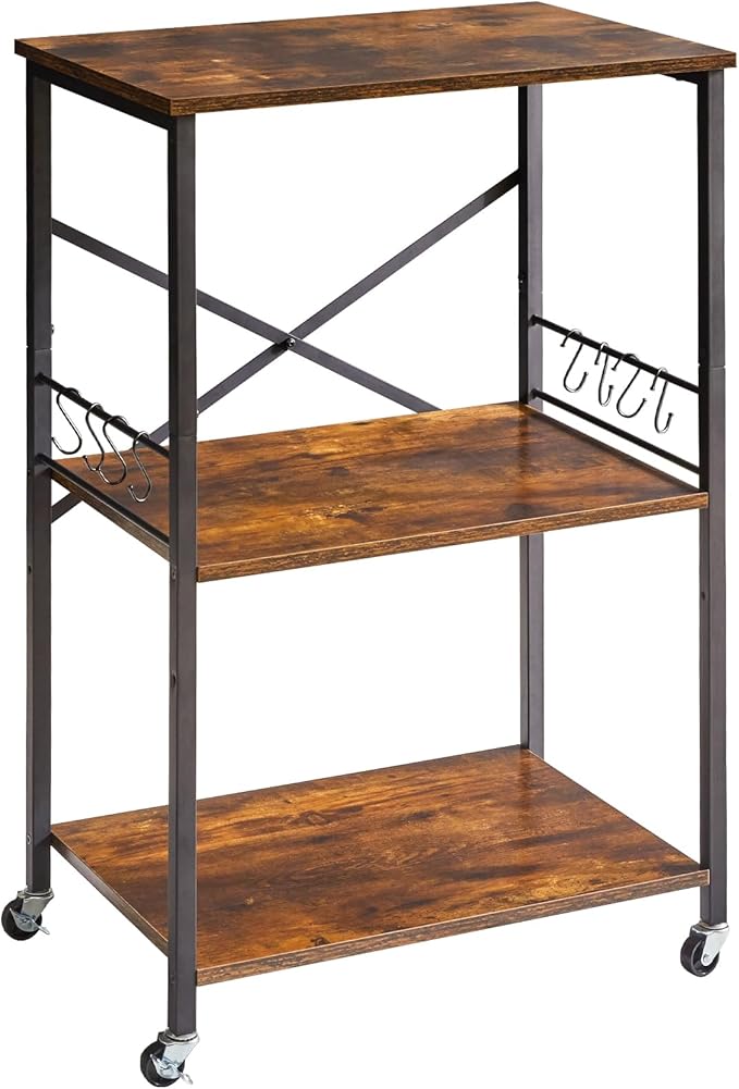 IBUYKE Kitchen Shelf Cart, 3-Tier Microwave Oven Stand, Baker’s Rack with Metal Frame and 8 Hooks, Industrial Printer Stand, Utility Standing Storage Shelf for Coffee Bar, Simple Assembly, TMJ023H
