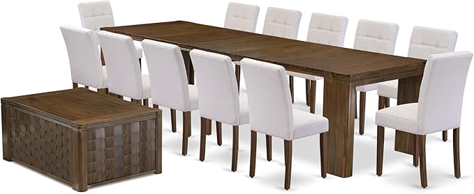 X12AS-0C8-27 - 14-Pc Dining Table Set contains an Extendable Rectangle Kitchen Table, 1 Coffee Table and 12 Polyester Fabric Dining Chairs, 39x120 Inch, Antique Walnut